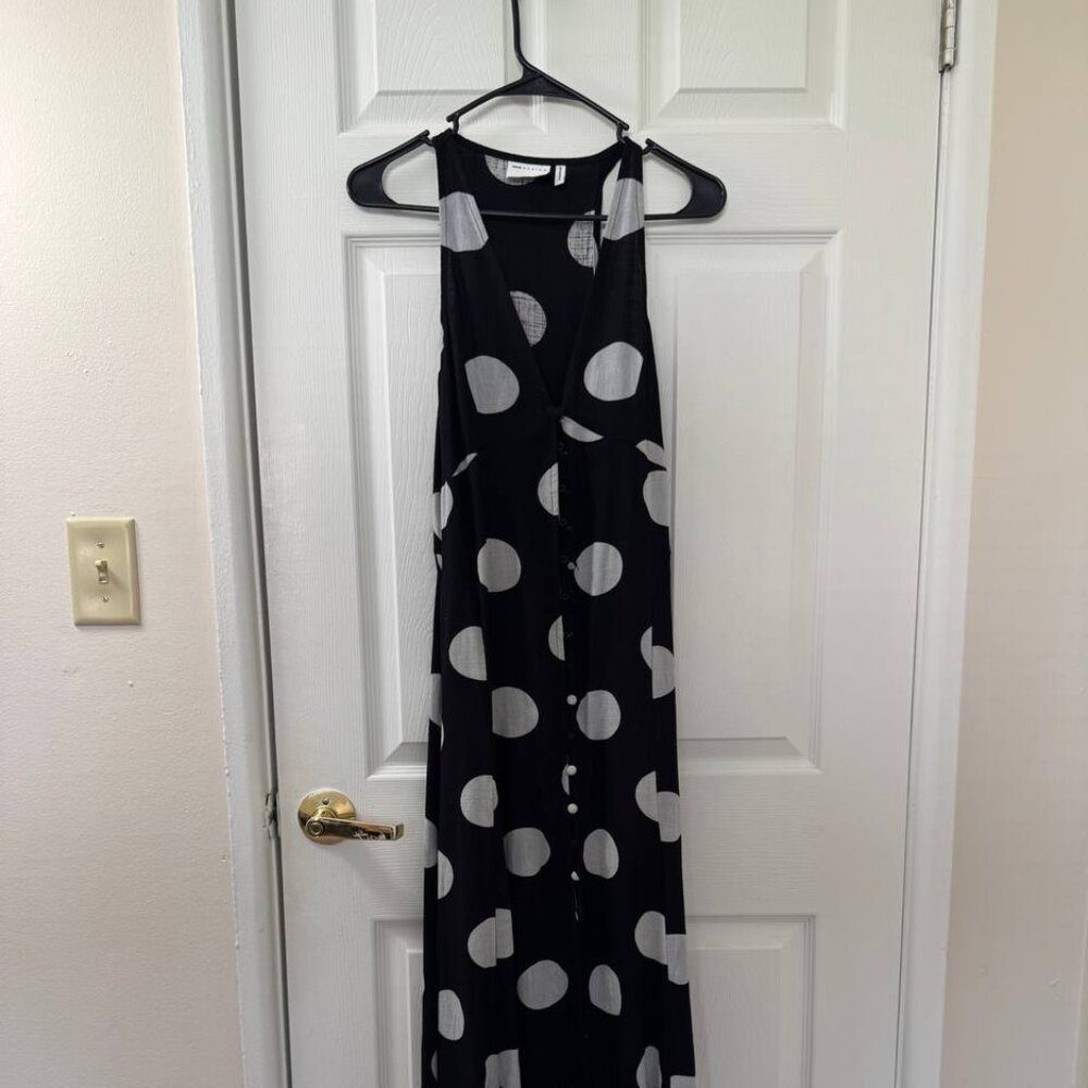 ASOS DESIGN button down linen look midi dress with full skirt spot print